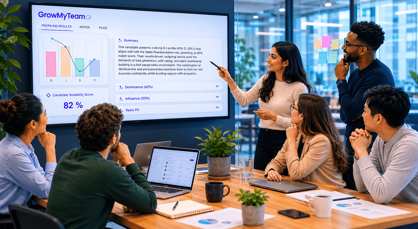 Team reviewing GrowMyTeam.ai candidate profiling results in a meeting room