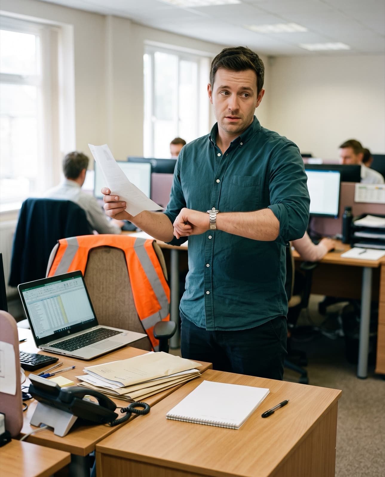 A manager stands at his desk in a busy office holding a CV and checking his watch, a blank notepad in front of him.