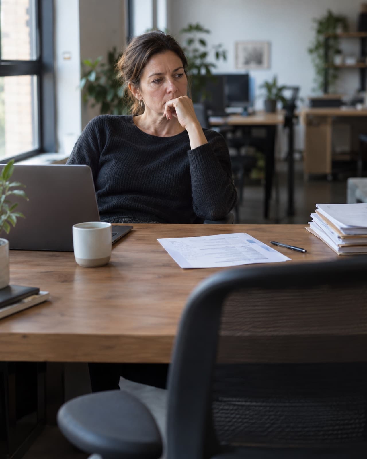 A business owner sits alone at her desk with a CV in front of her, looking at the empty chair across from her.