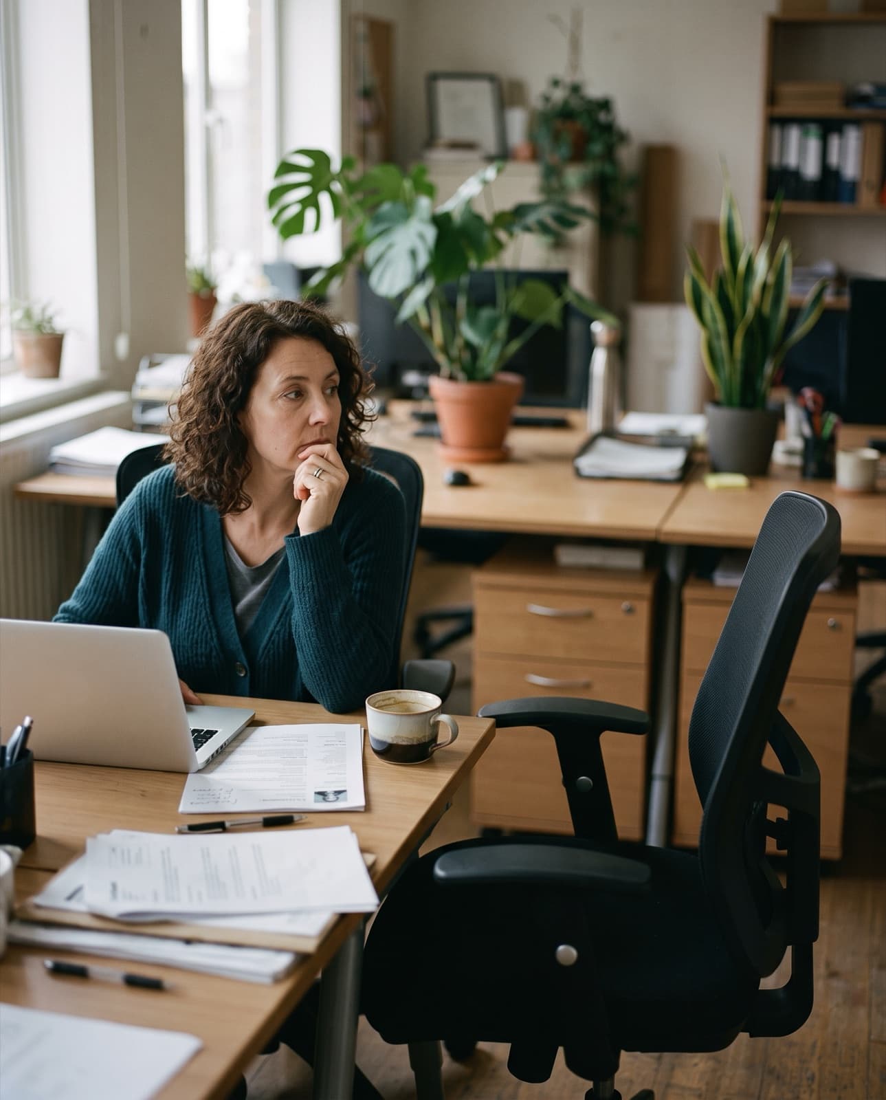 A business owner at her desk with a CV and her notes beside her laptop, thinking a decision through.